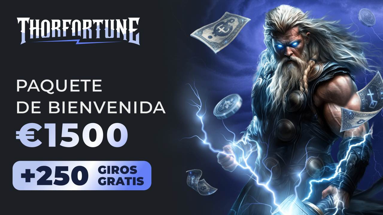 Material promocional de Thorfortune: paquete de bienvenida de hasta 1.500 euros y 250 giros gratis