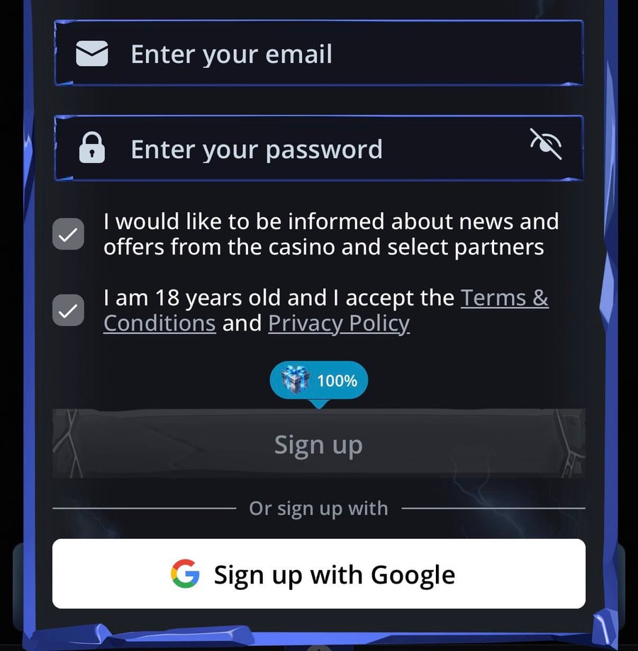 Dettaglio della schermata Sign up fornita: campi email e password, consenso alle offerte, dichiarazione 18+ e opzione Google
